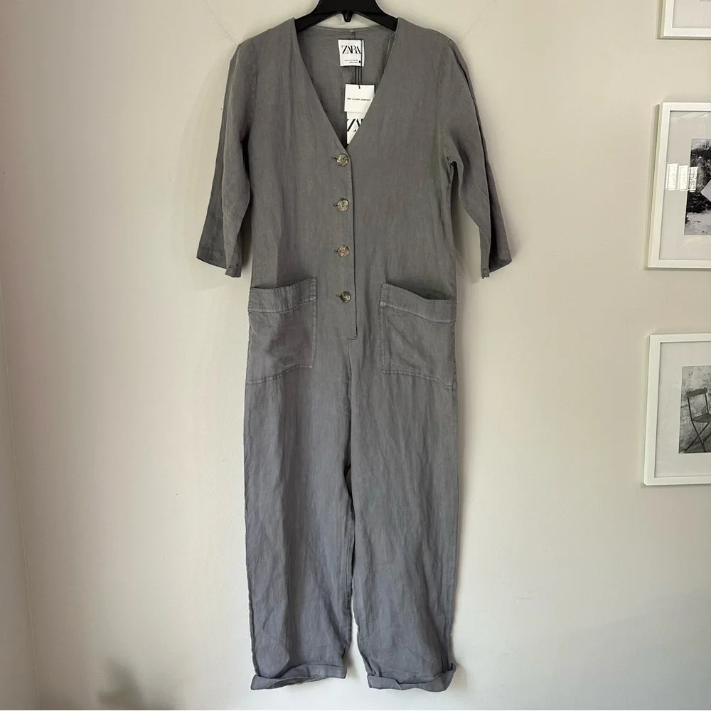 ZARA NEW The Lillian Gray 100% Linen ButtonFront Jumpsuit Small